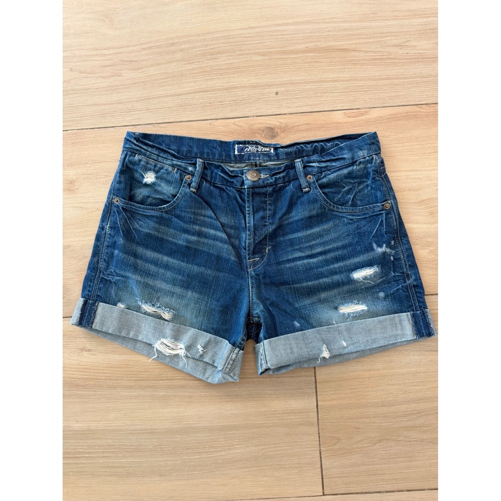 Hudson Jeans Distressed Denim Shorts Blue Cuffed Button Fly Size 27 Made in USA